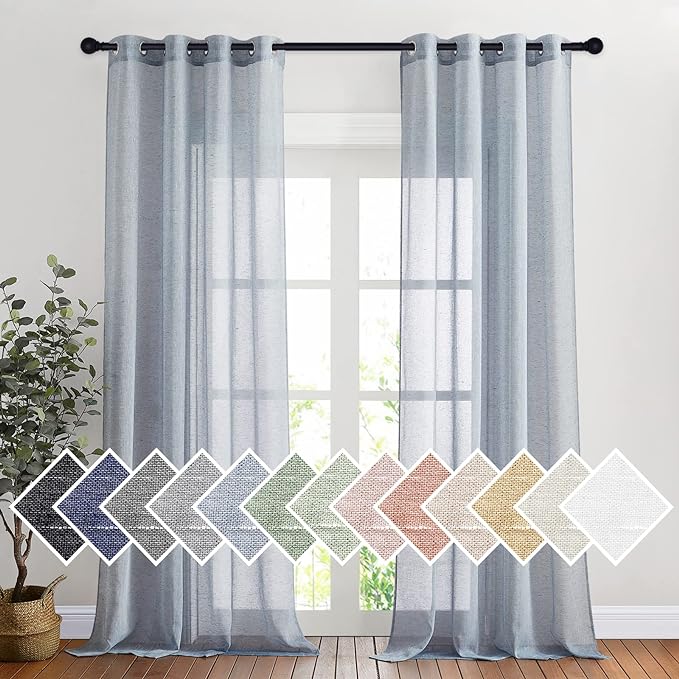 NICETOWN Sheer Curtains Flax Texture for Bedroom, Retro Grommet Top Linen Textured Semitransparent Privacy Window Treatment Light Filter for Living Room, 52" W x 108" L, Set of 2, Sea Mist