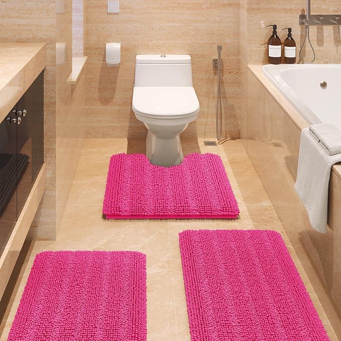 ACCUMTEK Striped Hot Pink Bathroom Rug Set 3 Pieces Ultra Soft, Non Slip Chenille Toilet Mat, Absorbent Plush Shaggy Bath Mats for Bathroom, Bedroom, Kitchen, Peach