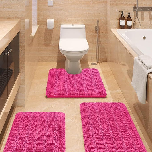 ACCUMTEK Striped Hot Pink Bathroom Rug Set 3 Pieces Ultra Soft, Non Slip Chenille Toilet Mat, Absorbent Plush Shaggy Bath Mats for Bathroom, Bedroom, Kitchen, Peach