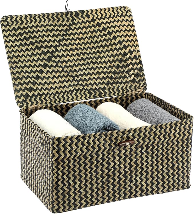 Hipiwe Wicker Shelf Baskets Bin with Lid, Handwoven Seagrass Basket Storage Bins Rectangular Household Basket Boxes for Shelf Wardrobe Home Organizer,Black,Large