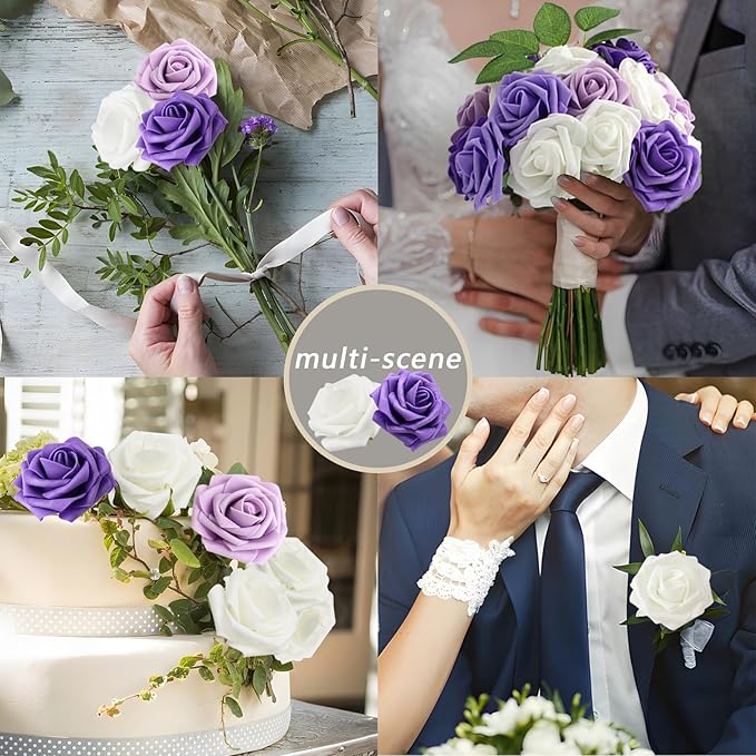 200PCS Artificial Flowers Purple Mixed Series Roses Real Looking Foam Fake Roses with Leaves and for DIY Wedding Bouquets Bridal Shower Centerpieces Party Decorations (Purple Series, 200)