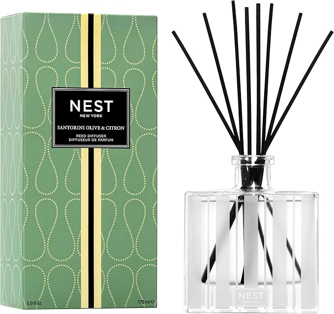 NEST New York Reed Diffuser, Santorini Olive & Citron - 5.9 fl oz - Fragrance for Up to 90 Days - Reusable, Refillable Glass Holder - Includes 8 All-Natural Reed Sticks - Flame Free