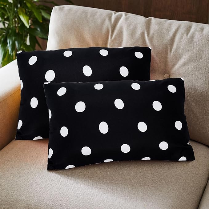 Eternal Beauty Set of 2 Outdoor Decorative Pillow Covers Waterproof Outdoor Pillow Covers for Spring Summer Patio Lumbar Pillows, Black Polka Dot, 12X20 inches