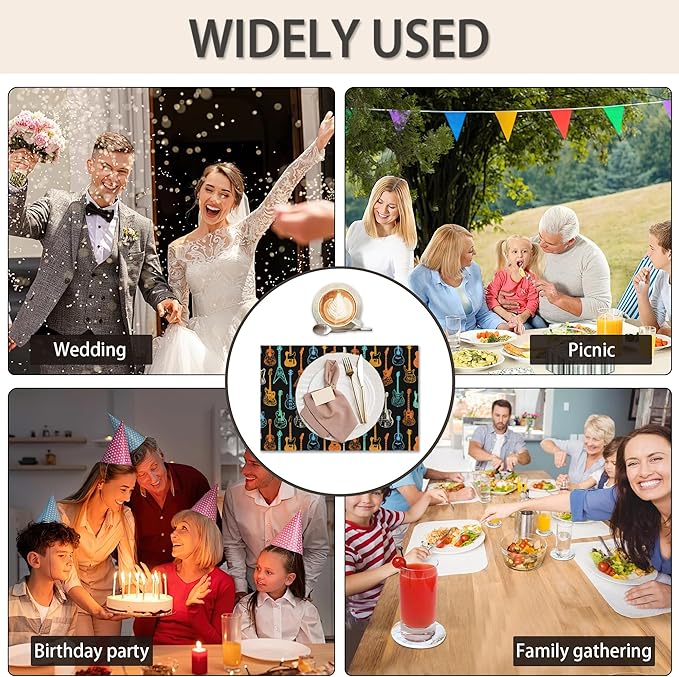 Colorful Guitar Placemats Set of 6, Waterproof Non-Slip Washable Table Mats Set for Kitchen Dining Holiday Party Wedding Decor 12x18 Inch