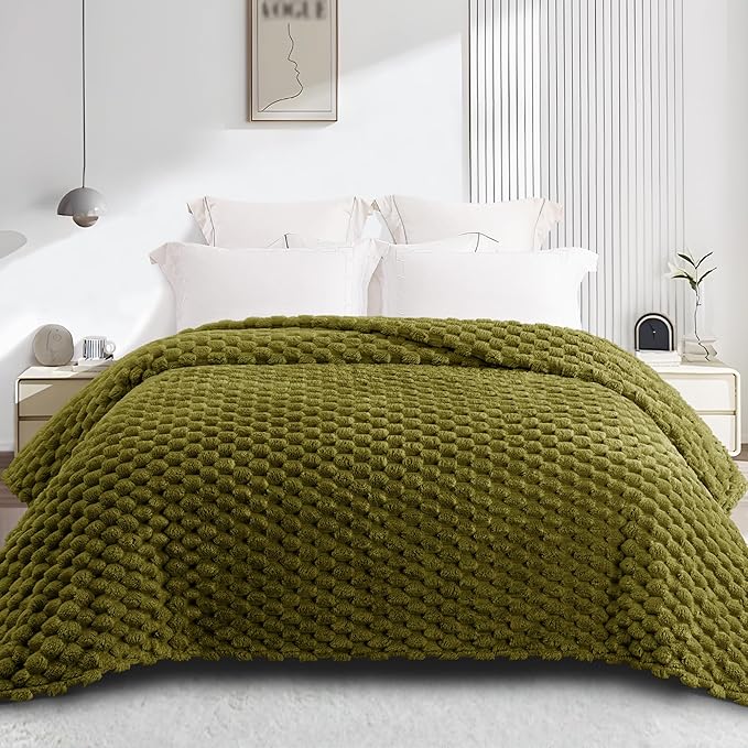 Whale Flotilla King Size Blanket for Bed with Jacquard Pattern, Fuzzy Soft Cozy Exquisite Blankets for All Season, Warm and Fluffy, 90x104 Inch, Olive
