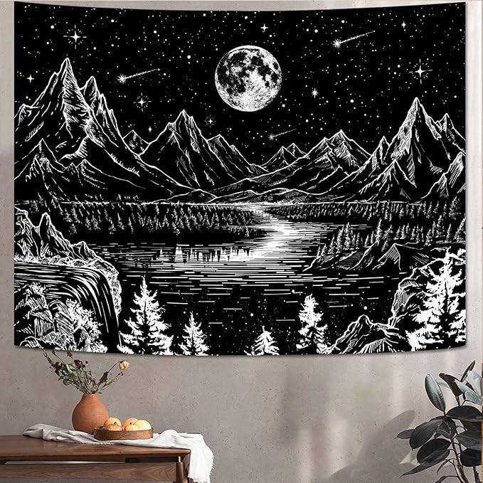 Lunerfex Moon Mountain Wall Tapestry - Celestial Landscape for Bedroom and Living Room Decor - Black and White - 4460 Inches