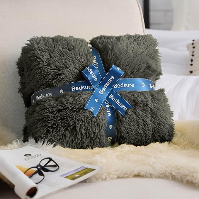 Bedsure Fluffy Olive Green Throw Blanket Gifts for Women, Men, Soft Fleece Cozy Fuzzy Sherpa Plush Warm Minky Thick Faux Fur Throws for Couch, Dark Green Decor House Blanket Gifts for Her, 50x60