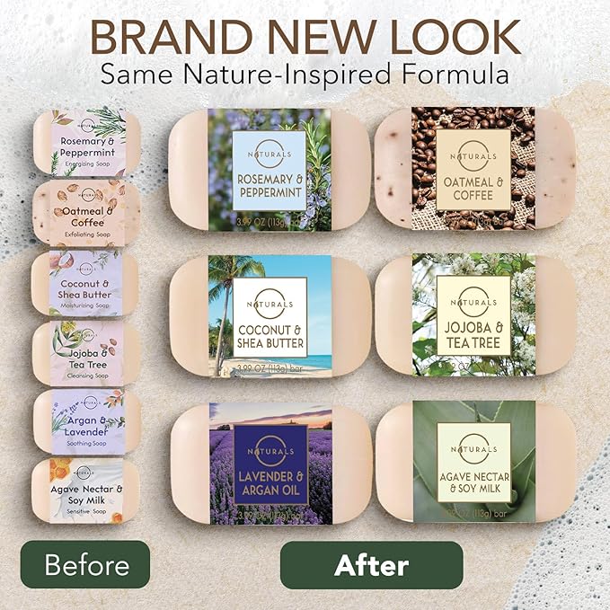 O NATURALS 100% Natural Bar Soap - Gift Set for Women - Organic Ingredients & Essential Oils - Spa Gifts for Women & Men, Body Wash Soap Bar - 6PC Natural Collection