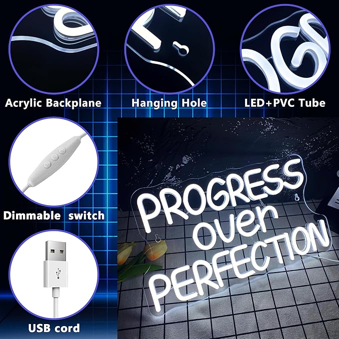 Progress Over Perfection Neon Sign,Dimmable Classroom Positive Neon Light, USB Neon Light for Motivational Classroom Decor Positive Affirmation Mental Health Man Cave Office Wall Decor(15.7 * 9 in)