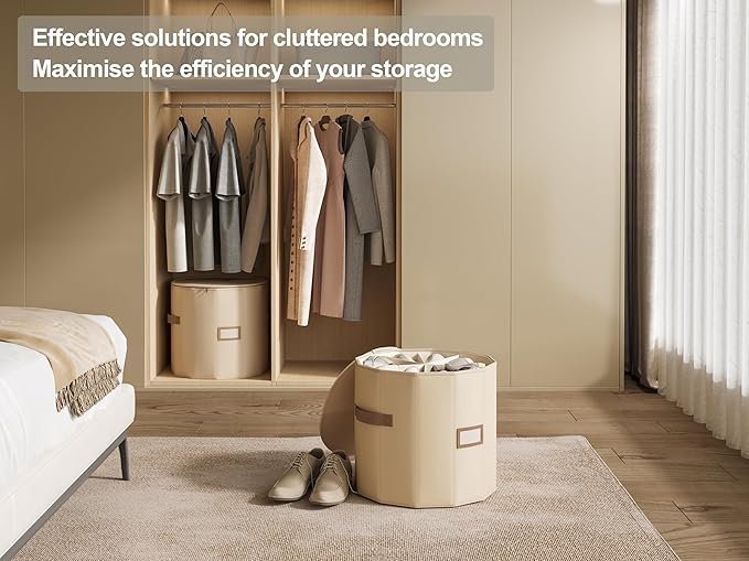 Vailando Shoe Organizer for Closet - Cylindrical Shoe Storage Organizer with Adjustable Dividers for Closet, Foldable, Beige, 2-Pack