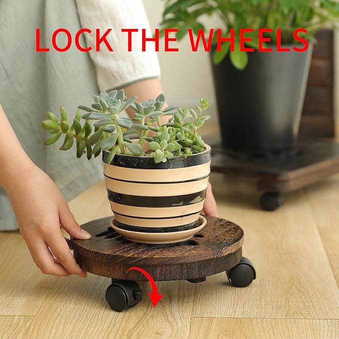 13" Plant Caddy Plant Stand with Wheels Rolling Plant Stand Heavy Duty Wood Plant Caddy, Heavy Duty Rolling Planter With Lockable Wheels Indoor Outdoor Potted Plant Roller Base Stand,Patio,Flower Pot
