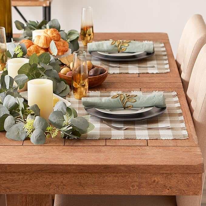 DII Heavyweight Fringed Check Tabletop Collection, Placemat Set, 13x19, Stone Brown, 6 Piece
