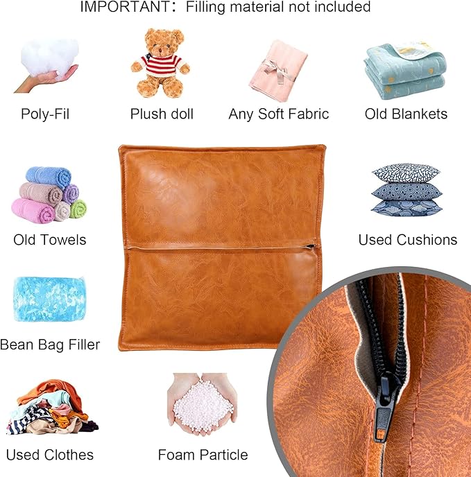 Pouf Ottoman, Unstuffed Pouf Cover, Handmade Faux PU Leather Moroccan, Orange Brown 17.7" Square, Foot Rest for Living Room, Floor Chair Gifts for Men Women, (Only Cover)