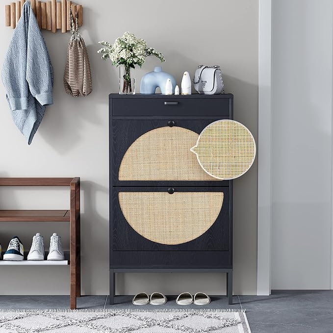 Yechen Shoe Rack Storage Organizer with 2 Natural Semi-Circular Rattan Doors, Entryway Wooden Shoe Cabinet for Sneakers, Leather Shoes,Heels (2 Piece, Black)