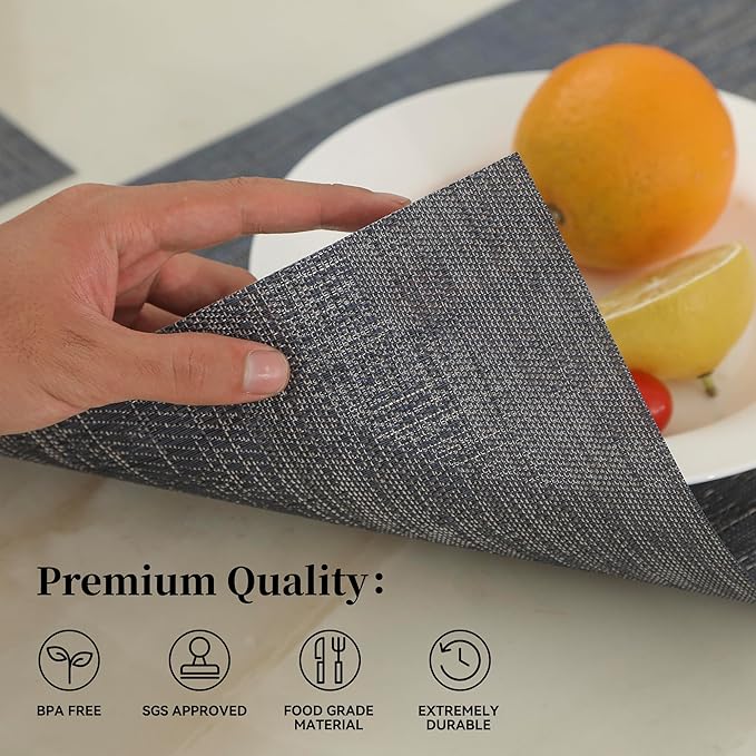 Leetaltree Denim Blue Placemats Set of 12 - Heat Resistant Non-Slip Place mats for Dining Table, Washable Durable PVC Vinyl Woven Table Mats(Denim Blue, 12)