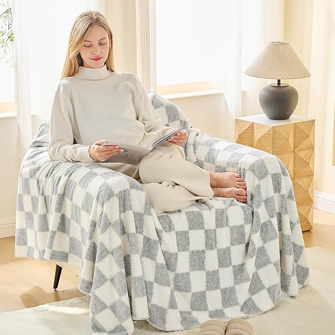 EMME Checkered Blanket Twin Size - 60"x80" Grey Knit Blanket Soft Fluffy Patterned Throw Blankets for Couch, Sofa, Chair, Bed, Camping, Picnic, Travel