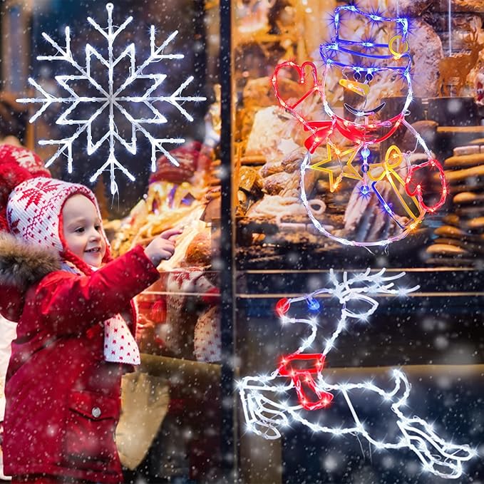 16“ Christmas Window Silhouette Lights Decorations - 4 Pack Colour Lighted Christmas Tree & Snowflake & Snowman & Santa for Holiday Indoor and Outdoor Wall Door Window Decorate