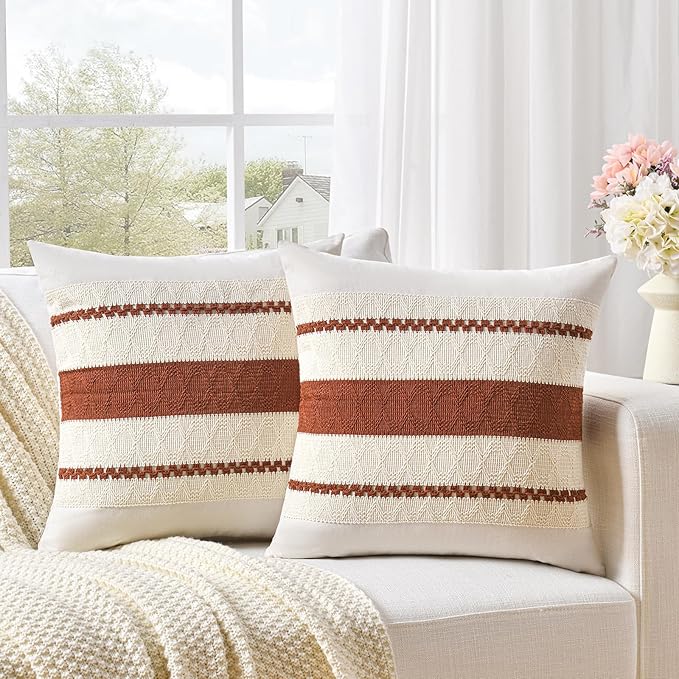 Fancy Homi Set of 2 Rust Boho Decorative Throw Pillow Covers 20x20 Inch for Couch Bed Sofa, Aesthetic Modern Organic Fall Room Decor, Soft Cotton Cute Terracotta Textured Farmhouse Cushion Case