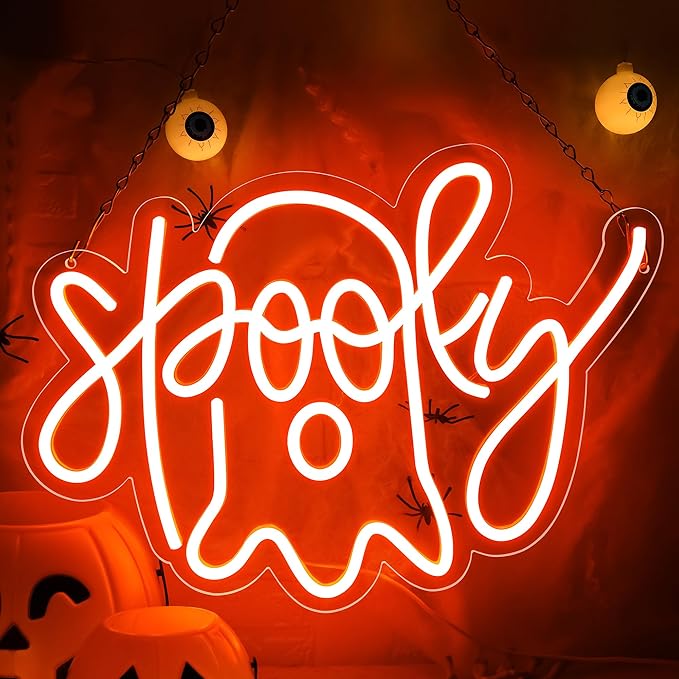 Halloween Ghost Neon Sign for Wall Decor,Orange Ghost Neon Sign Halloween Lights,Ghost Lights Halloween Decor for Kitchen,Bar,Bedroom,Halloween Party Decoration,15.7 * 11.8 inch(D255)