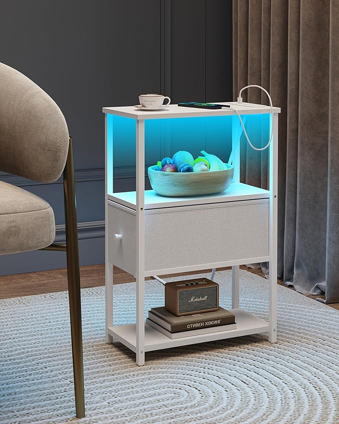 TUTOTAK Small Narrow LED End Table with Charging Station, Side Table Outlets, Nightstand with Cloth Drawer, Set of 2, Couch Table, for Living Room, Bedroom, Bedside, White TB01BW059