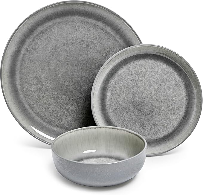 Sango Asher 12-Piece Stoneware Dinnerware Set – Service for 4, Modern Gray with Reactive Glaze, Perfect for Everyday Dining & Entertainment, Microwave & Dishwasher Safe