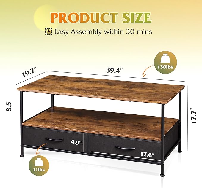 WLIVE Coffee Table, 39" Coffee Table with Storage & Drawers, 2-Tier Wood Center Table for Living Room, Apartment, Bedroom, Metal Table Legs, Rustic Brown