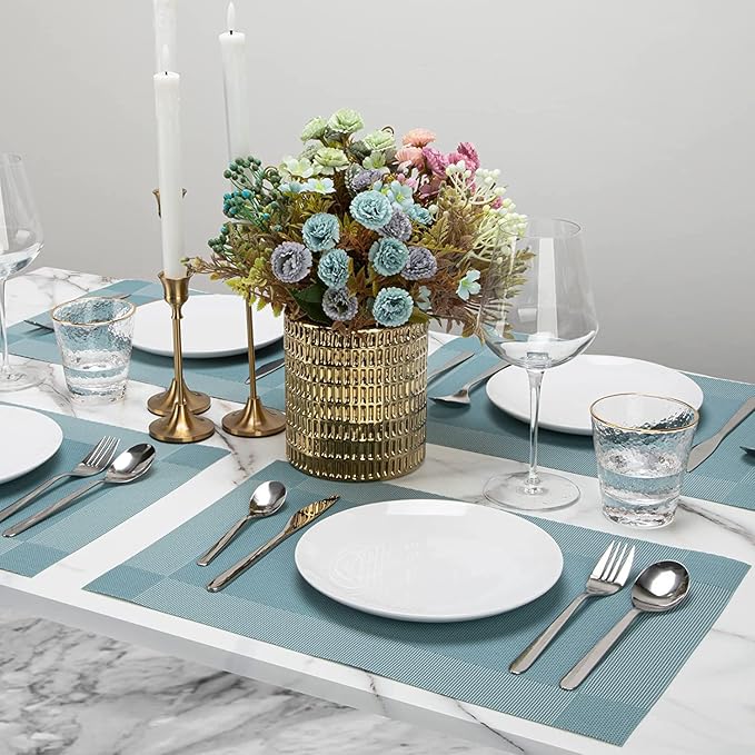 Winknowl Placemats for Dining Table Set of 8 Waterproof, Woven Place Mats for Kitchen Table Vinyl Heat Insulation Stain Resistant Placemats (Sky Blue)