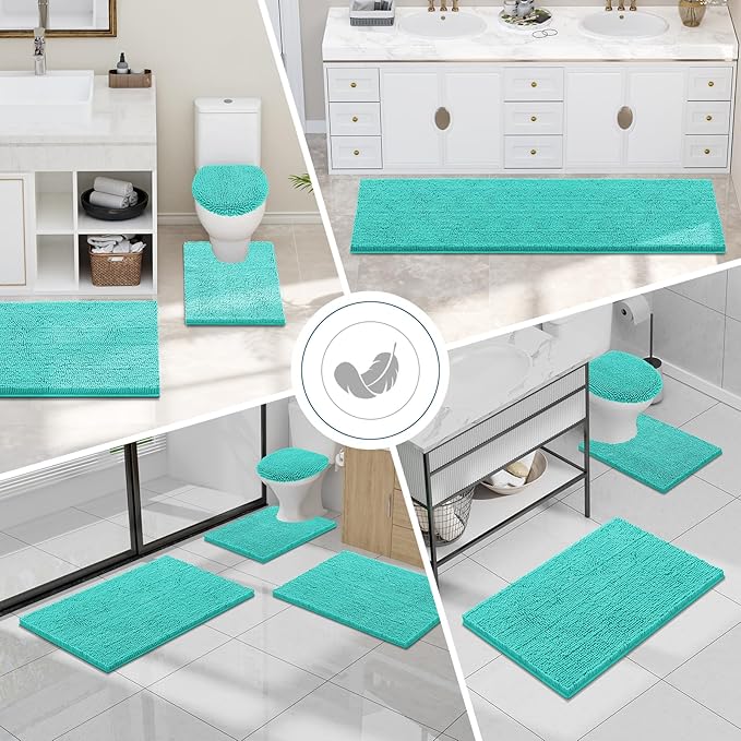 Smiry Luxury Chenille Bathroom Rugs 47x20, Extra Soft and Absorbent Shaggy Bath Mat, Machine Washable, Non-Slip Plush Carpet Runner for Tub, Shower, and Floor, Home Decor Accessories, Turquoise