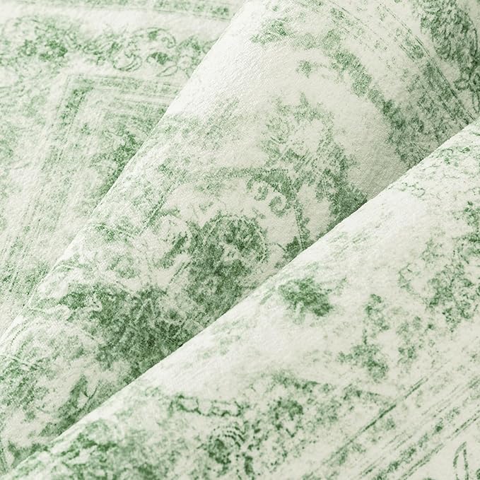 Area Rug 5x7 Washable Green Rug Vintage Boho Medallion Large Distressed Retro Carpet for Living Room Non Slip Indoor Low Pile Small Soft Bedroom Dining Room Home Office