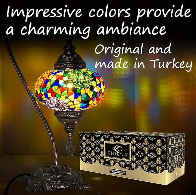 CHICON Handmade Mosaic Tiffany Boho Lamp | Genuine Glass Mosaic | A Piece of Art in Unique Moroccan Bohemian Small Table Lamp - SWAN 3Globes Multicolor