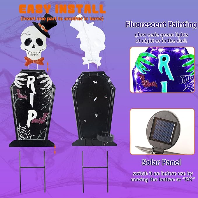 Joliyoou Halloween Yard Stake, 26.4" Solar Lighted Metal Tombstone with Glow in The Dark Ghosts, 18 LED Purple Lights Spooky Yard Sign for Outdoor Front Door Yard Lawn Garden Decorations