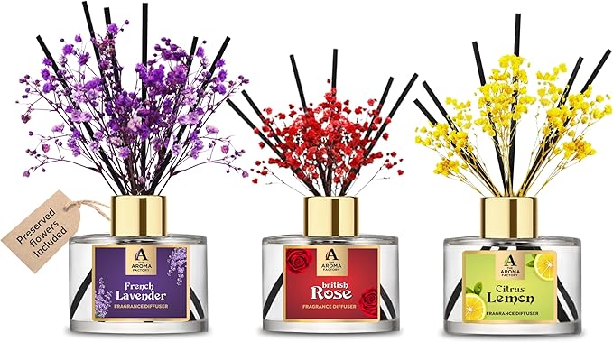 The Aroma Factory Fragrance Reed Diffuser Set with Essential Oil, Aroma Sticks & Preserved Flowers | Luxury Home Decor Scent (French Lavender,British Rose & Citrus Lemon, 3 Pack)