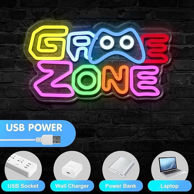 Game Zone Neon Sign for Gamer Room Decor, USB Powered Dimmable Colorful Led Gaming Neon Signs for Boys Room, Teen Room, Wall Decor, Gamer Gifts for Teen, Men, Kids