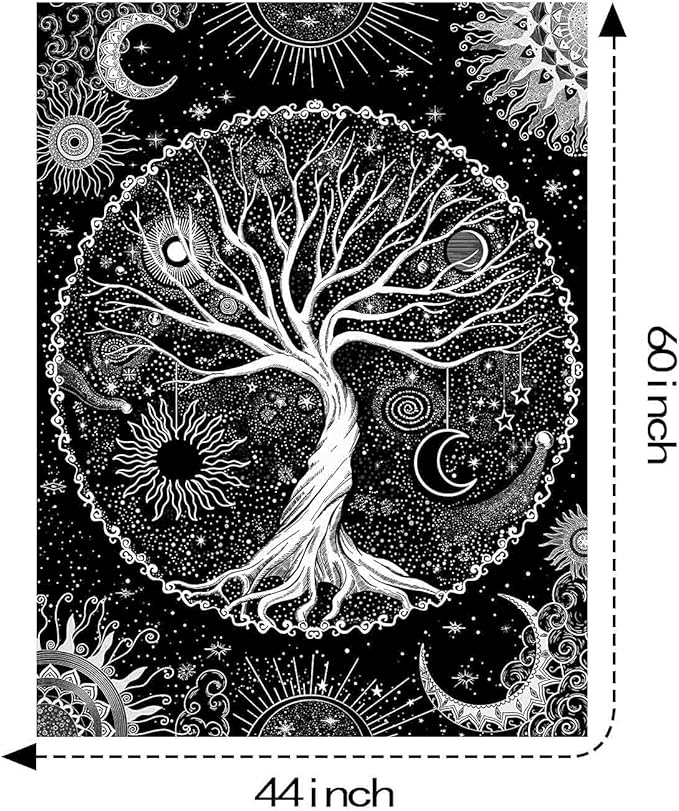 Lunerfex Tree of Life Tapestry Black and White Tapestry Mystical Sun and Moon Tapestries for Bedroom and Living Room Decor Black Tree 44×60 Inches