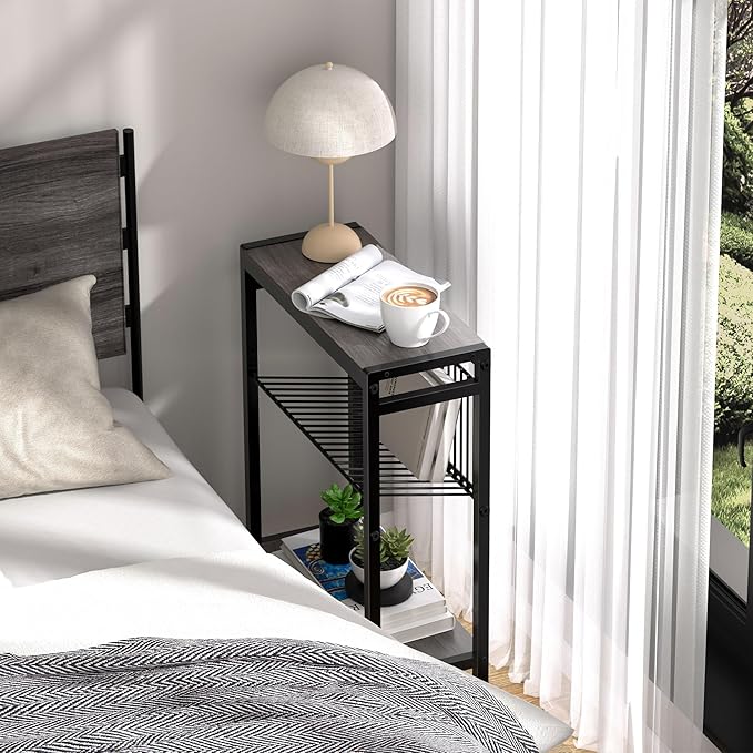 End Table Set of 2 for Small Space, 3-Tier Narrow Side Table with Magazine Holder,Slim Nightstand, Skinny Snack Couch Table in Living Room, Bedroom Study and Balcony (Grey)