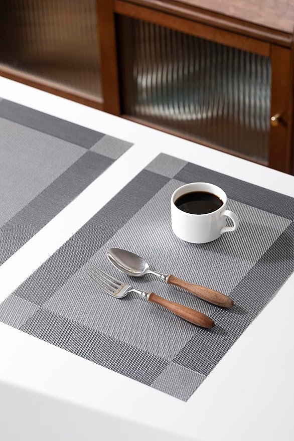 LEXMORE Placemats Set of 6 Vinyl/Plastic Woven Place Mats for Kitchen Table Indoor/Outdoor Washable Placemat Wipeable Dining Table Mats(Silver Cube)