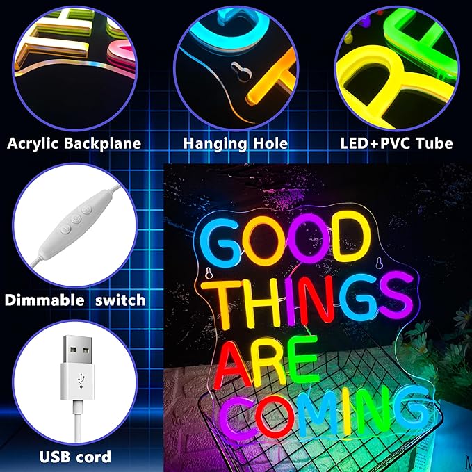 Good Things Are Coming Neon Signs for Wall Decor,Dimmable Positivity Inspirational Lucky Neon Sign, Positive Quote Decor, Mental Health LED Sign, Motivational Neon Light, Home Wall Sign(12.5 * 12.9in)