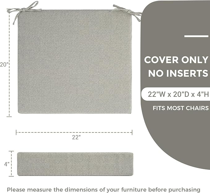 Patio Cushion Covers with Ties, 2 Pack, Outdoor Water Resistant Deep Seat Chair Cushion Slipcover 22x20x4 Inch for Garden Couch Sofa (Replacement Cover Only)-Warm Grey