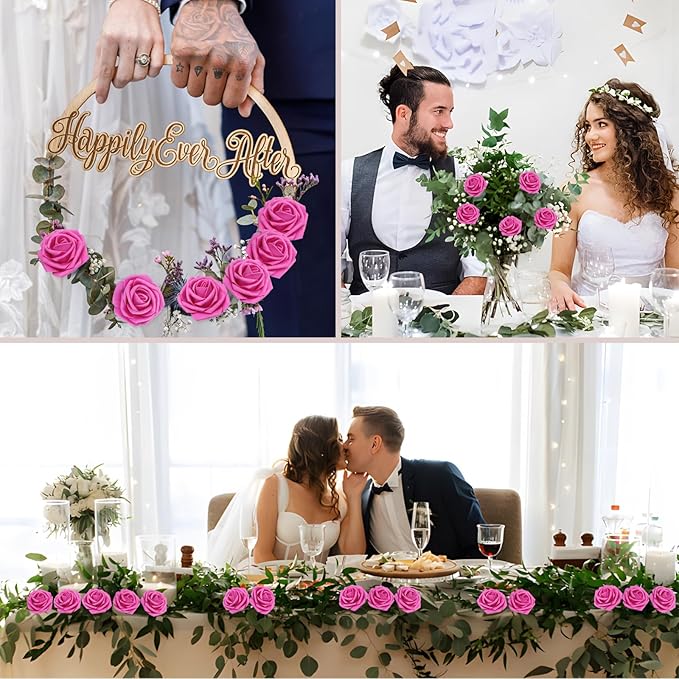 Artificial Flowers Roses Real Looking Foam Fake Roses with Leaves and for DIY Wedding Bouquets Bridal Shower Centerpieces Party Decorations (Hot Pink, 100)