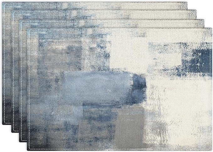 Emvency Farmhouse Placemats Set of 4, Vintage Blue and Grey Abstract Art Painting 12x18 Inch Table Mats for Outdoor Home Party Kitchen Dining Decoration