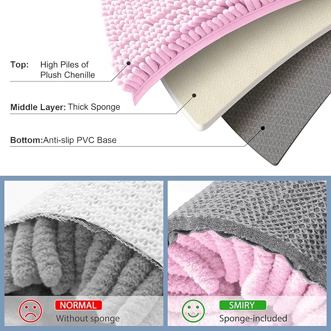 Smiry Luxury Chenille Bathroom Rugs 70x24, Extra Soft and Absorbent Shaggy Bath Mat, Machine Washable, Non-Slip Plush Carpet Runner for Tub, Shower, and Floor, Home Decor Accessories, Pink