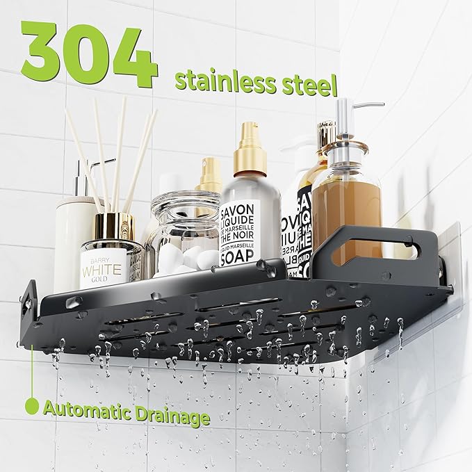 Stainless Steel Corner Shower Caddy, 2 Pack Black No Drill Adhesive Bathroom Shelf with Holder, Rustproof Design Adjustable Space & Heavy Duty Storage for 90° Tiles