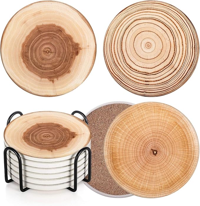 Britimes Coaster for Drinks Set of 6, Wood Grain Absorbent Round Ceramic Stone Mat, with Cork Base and Metal Holder, Gift for Housewarming Room Bar Decor
