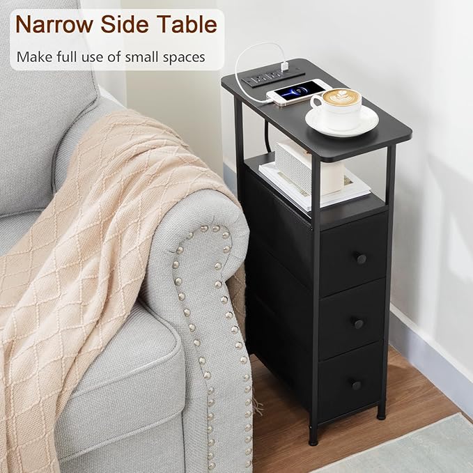 Narrow End Tables Living Room Set of 2 with Charging Station, Skinny Side Table with Fabric Drawers, Slim Nightstand for Bedroom, Small Spaces, Couch, Black, HETNDP03BK