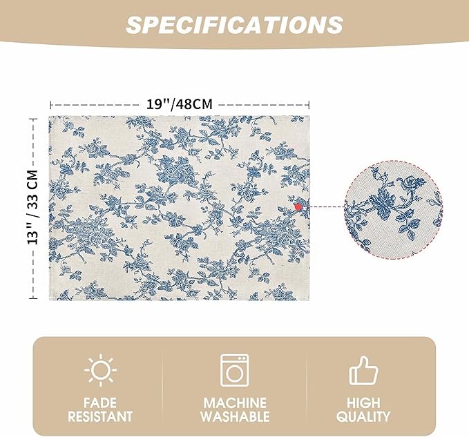 Pastoral Placemats for Dining Table Set of 6, Reversable & Heat-Resistant Non-Slip Place Mats for Kitchen Table Mats 13 x 19 Inch, Floral (Dark Blue)