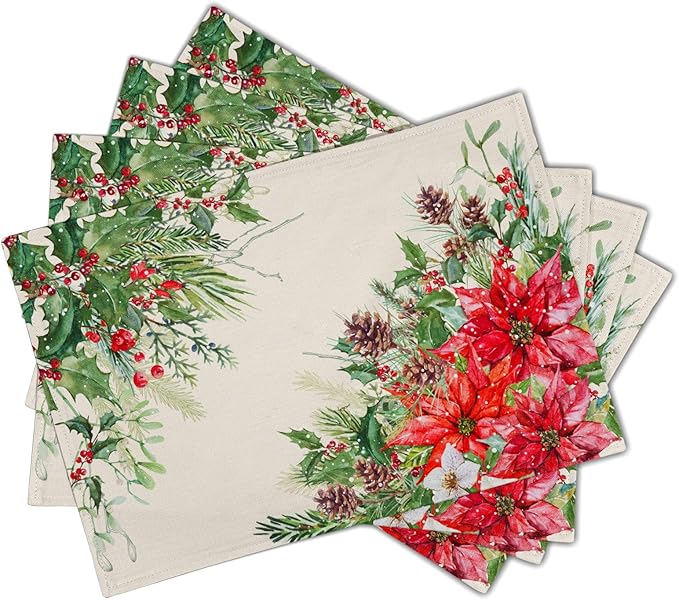 Giwawa Poinsettia Placemats Set of 4, 12x18 Inch Watercolor Christmas Red Floral Linen Table Mats for Kitchen Dining, Winter Holly Berry Pine Cones Washable Heat Resistance for Party Holiday Decor