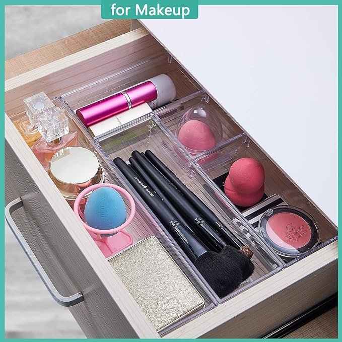 6 Pack Clear Drawer Organizer, Acrylic Drawer Storage Trays, Storage Bins for Makeup, Cosmetics, Jewelries, Utensils, Gadgets, Office