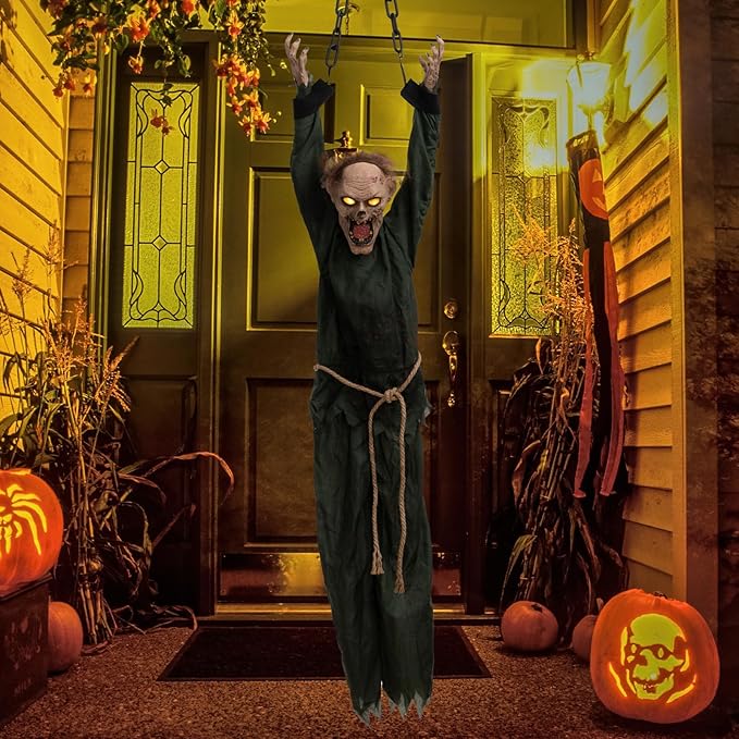HollyHOME Animated Hanging Zombie Halloween Decoration with Glowing Eyes, Creepy Sound and Shaking Body Halloween Decorations Outdoor Scary Haunted House Prop Decor 60 Inch