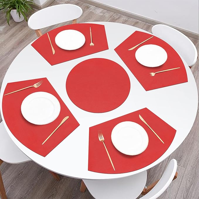 SHACOS Large Size Wedge Shape Placemats with Centerpiece Round Mat Set of 5 Round Table Place Mats Washable Dining Table Placemats Reversible, Red