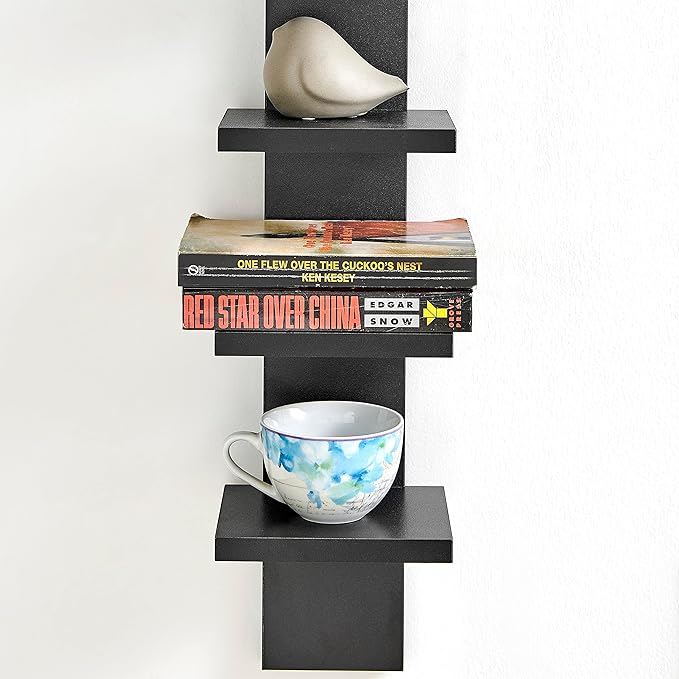 Danya B 5 Tier Wall Shelf Unit Narrow - Vertical Column Ladder Shelf, Floating Storage, Home Decor Organizer, Tall Tower Design, Utility Shelving, Bedroom, Living Room (Black)